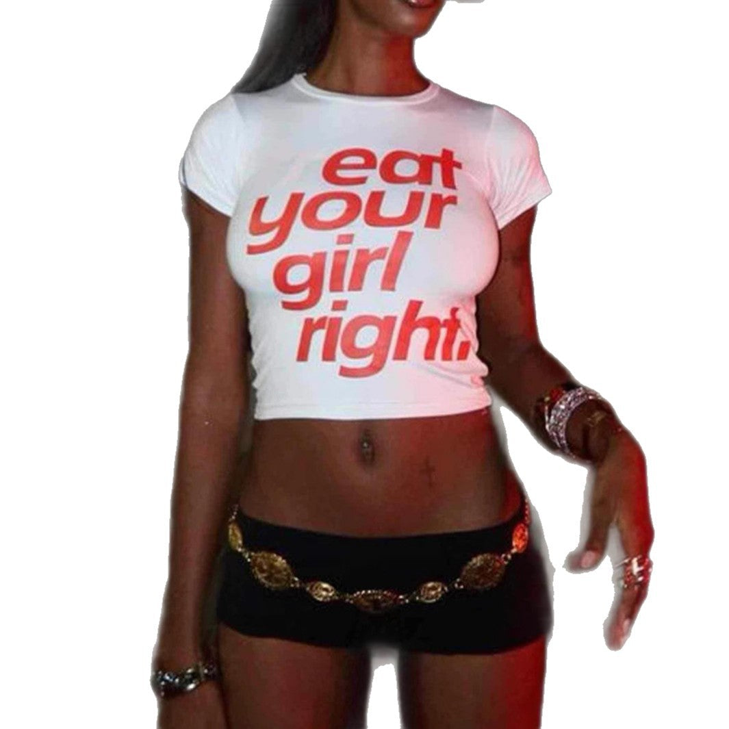 Damen Crop-T-Shirt mit kreativem Statementdruck R&B
