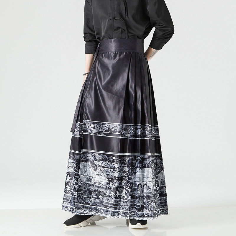 Damen nan Maxi-Rock mit breitem Taillenbund ornamentaler Bordüre und plissierten Falten R&B