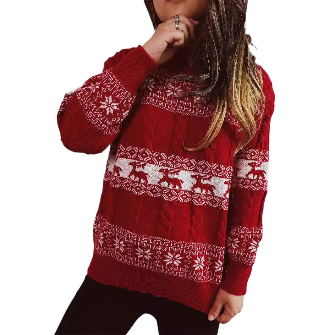 Damen Strickpullover mit festlichem Rentier-Motiv und Zopfmuster R&B