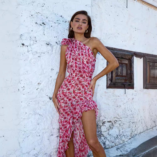 Damen asymmetrisches Sommerkleid mit Blumenmuster und Raffungen R&B
