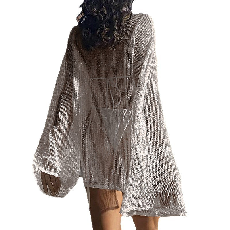 Damen transparente Strandbluse mit funkelndem Effekt EB