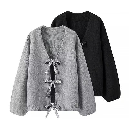 Damen luftige Strickjacke mit Schimmerndem Bindegürtel R&B