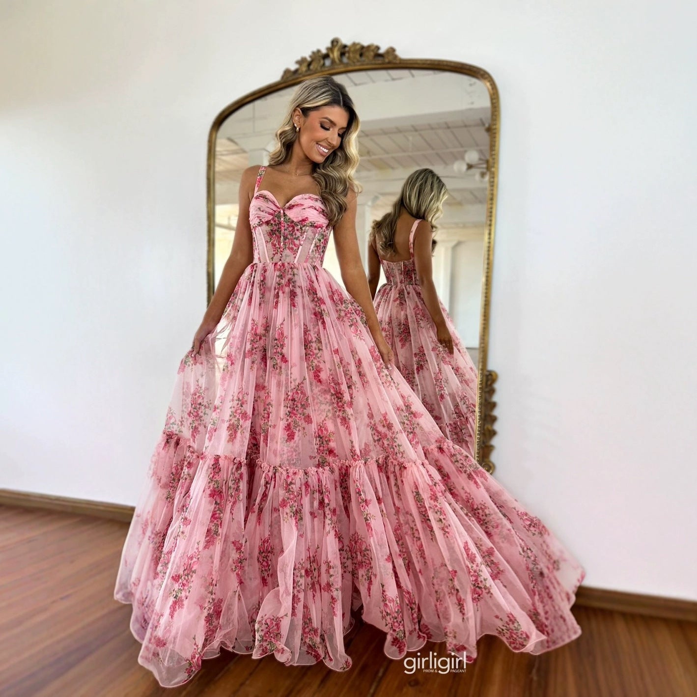 Damen Maxikleid mit floralem Tüll und voluminösem Rock