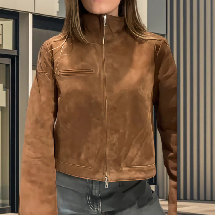 Damen Modische Kurzjacke aus Mikrofaser mit hohem Kragen R&B