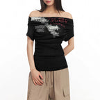 Damen Off-Shoulder T-Shirt mit künstlerischem Druck und figurbetontem Schnitt R&B