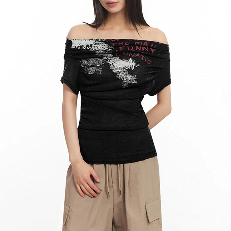 Damen Off-Shoulder T-Shirt mit künstlerischem Druck und figurbetontem Schnitt R&B