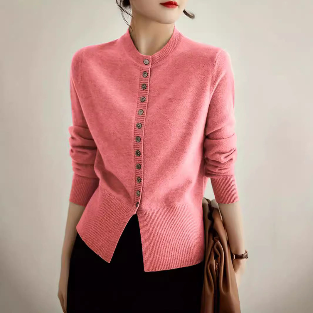 Damen modische Strickjacke mit Knopfleiste und Rippstrickdetails R&B