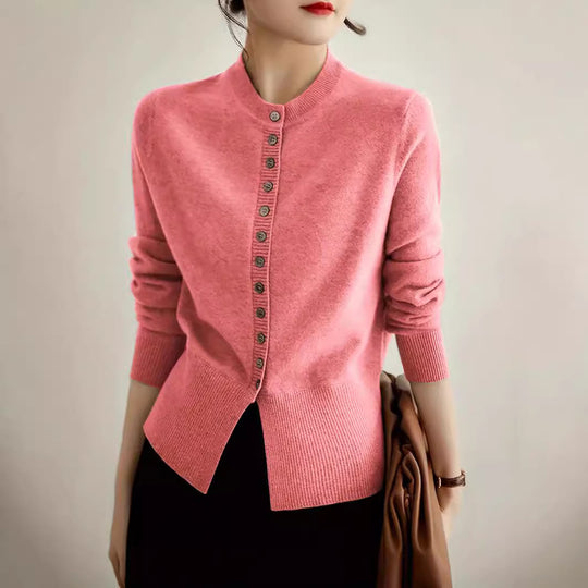 Damen modische Strickjacke mit Knopfleiste und Rippstrickdetails R&B