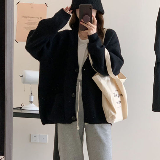 Damen Großer, bequemer Strickcardigan mit Knöpfen und Taschen R&B
