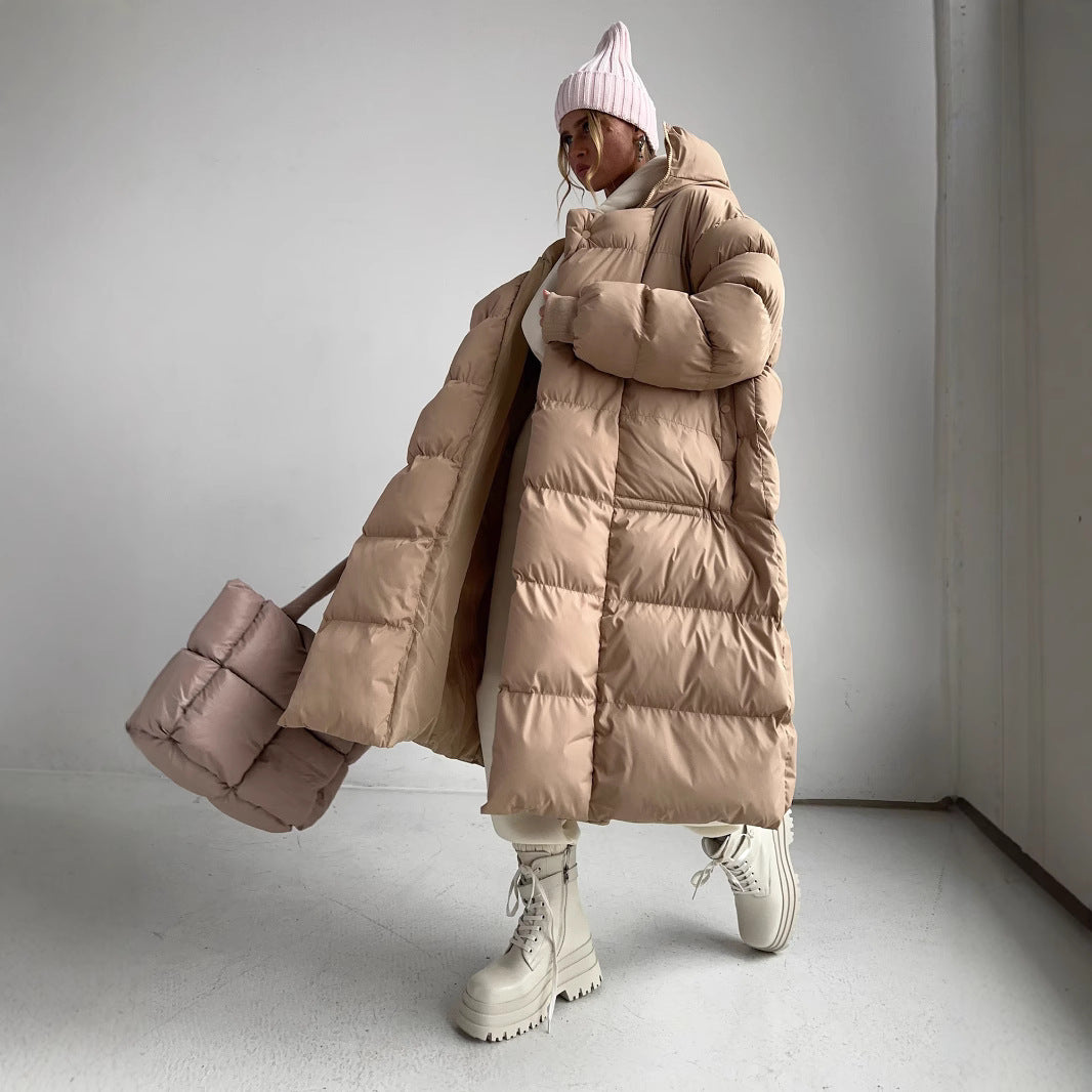 Damen Lange Steppjacke mit Kapuze und praktischem Reißverschluss R&B