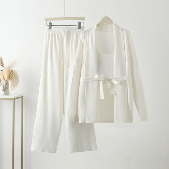 Damen gemütliches Freizeit-Loungewear-Set mit Bindegürtel und weitgeschnittenen Hosen R&B