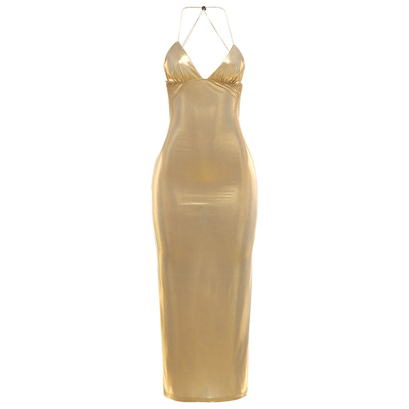Damen Figurbetontes Maxikleid mit Spaghettiträgern und schimmernder Oberfläche R&B