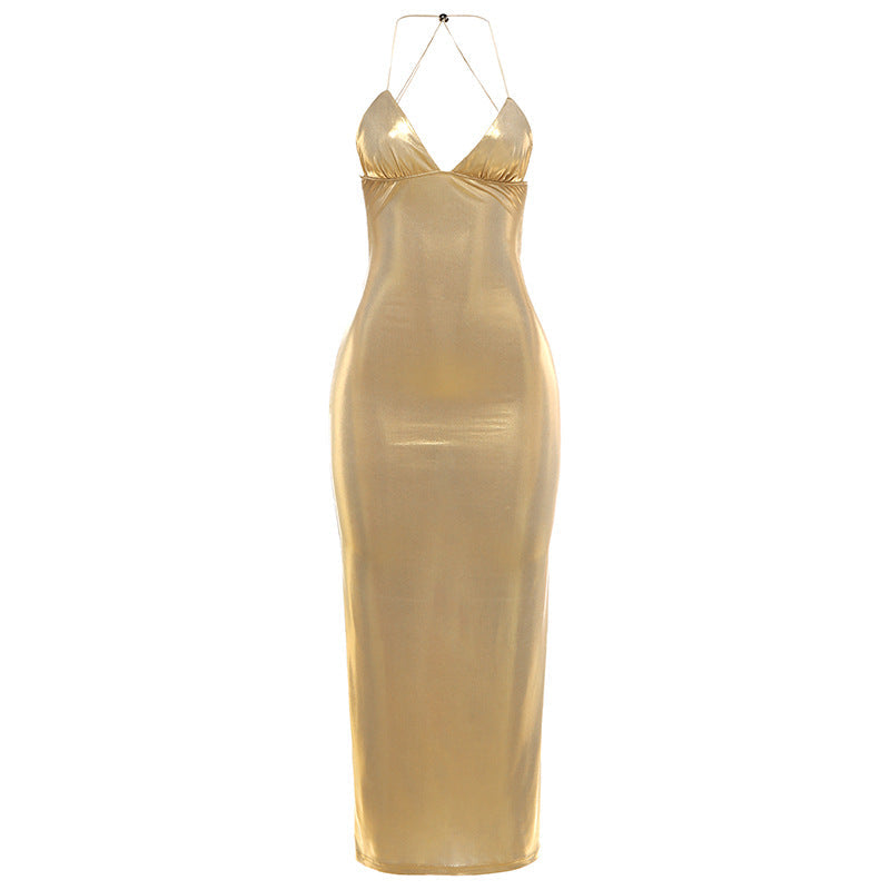 Damen Figurbetontes Maxikleid mit Spaghettiträgern und schimmernder Oberfläche R&B