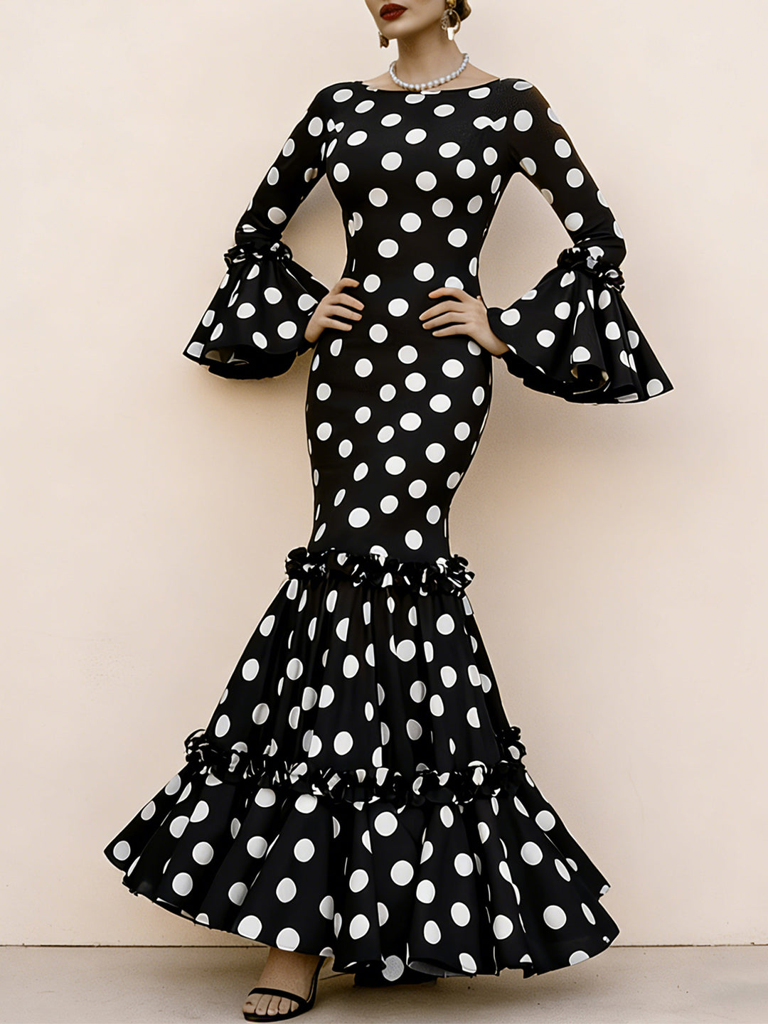 Damen Elegantes Maxikleid mit auffälligem Volant und Polka-Dots R&B