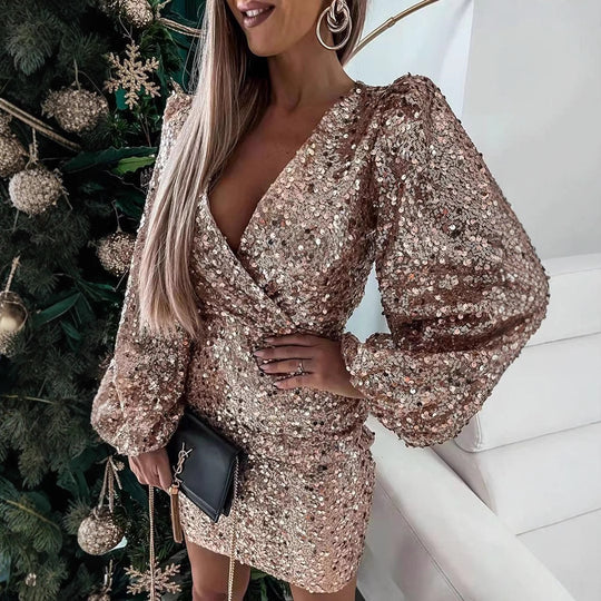 Damen Glitzerndes Minikleid mit Ballonärmel und Wickeloptik R&B