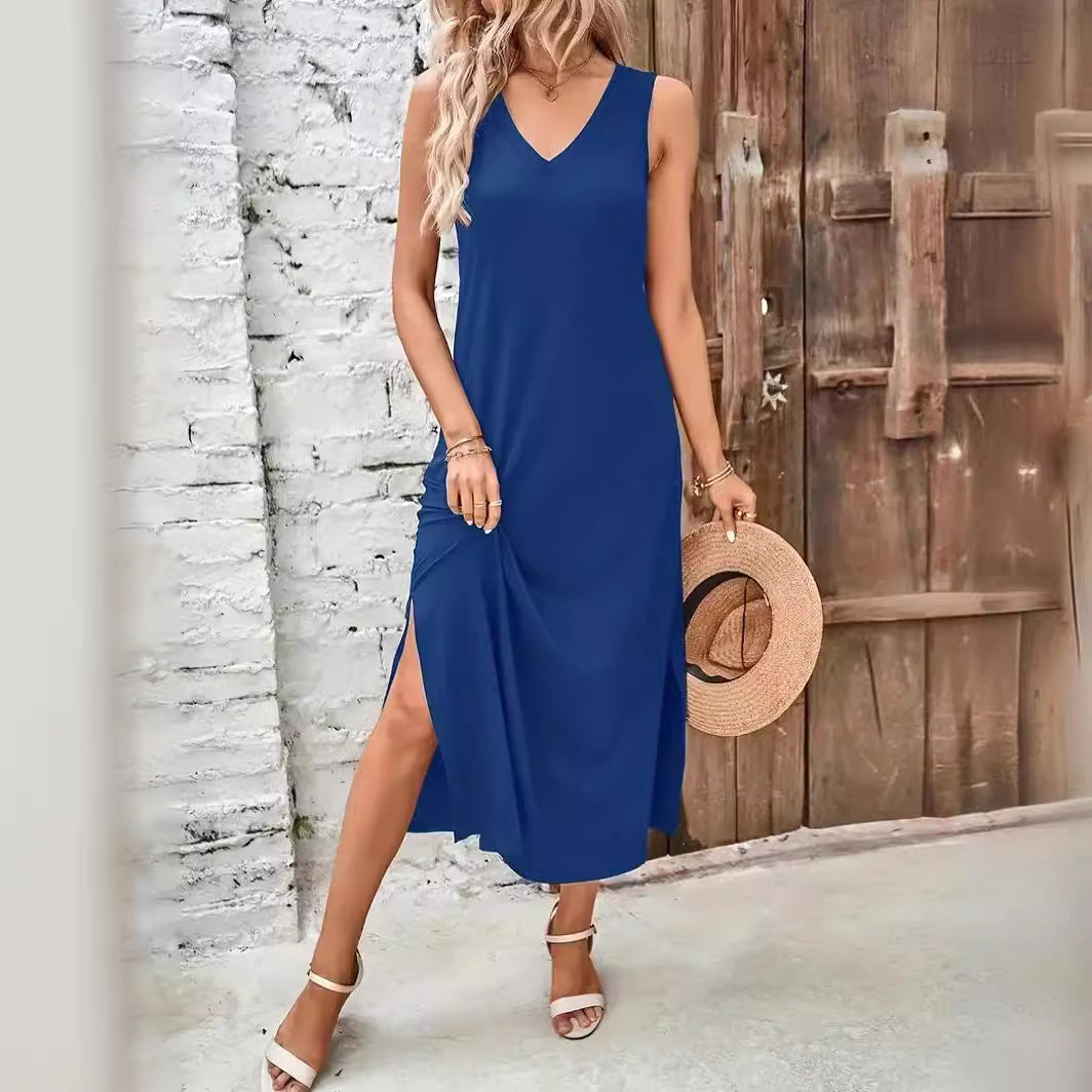 Damen Maxikleid mit V-Ausschnitt und seitlichem Schlitz R&B