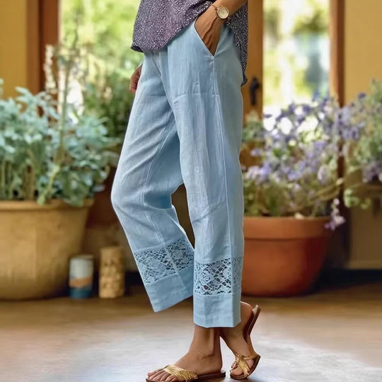 Damen Leichte Leinenhose mit Spitzenakzenten R&B
