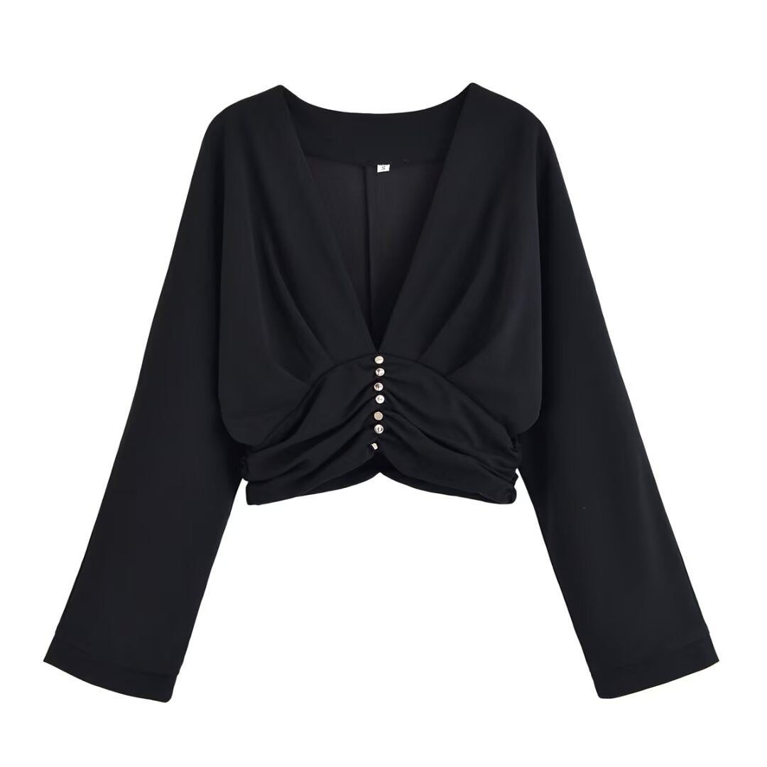 Damen legeres Blusenshirt mit Raffung und tiefem V-Ausschnitt R&B