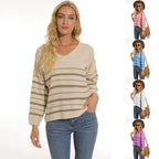 Damen lässiger Pullover mit modernem Streifenmuster und V-Ausschnitt R&B