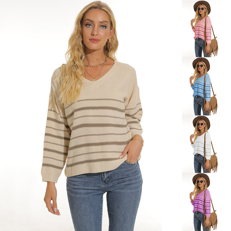 Damen lässiger Pullover mit modernem Streifenmuster und V-Ausschnitt R&B