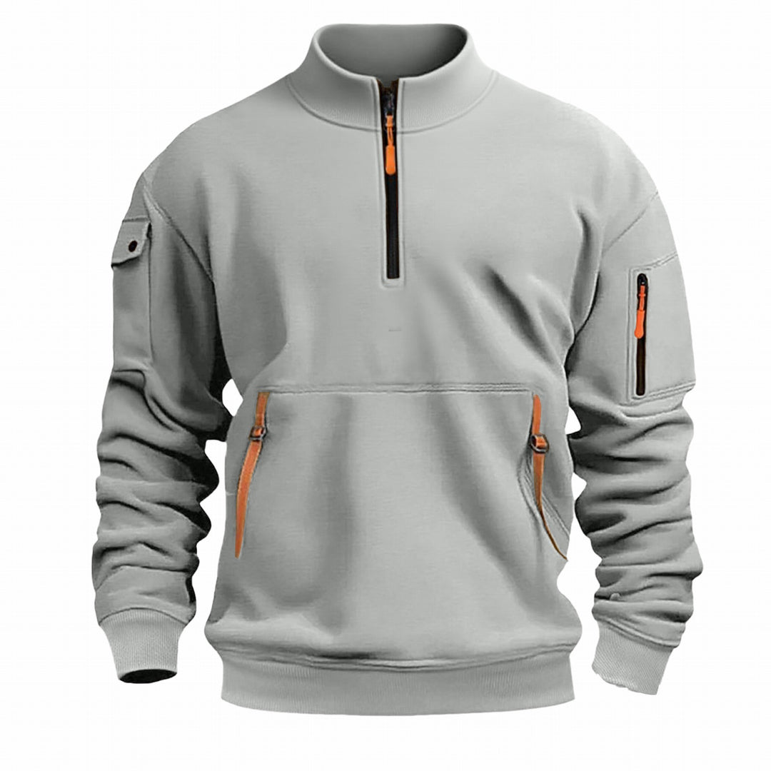 Herren nan Sweatshirt mit Stehkragen, halbem Reißverschluss, Kängurutasche und Ärmeltasche R&B