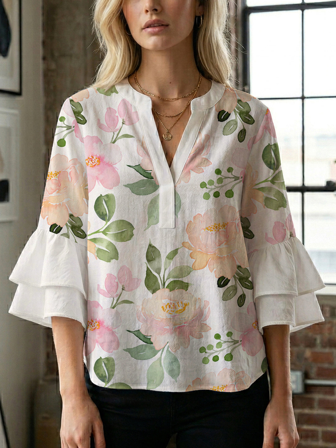 Damen elegantes Blusenshirt mit voluminösen Rüsenärmeln und grafischem Blumendesign R&B