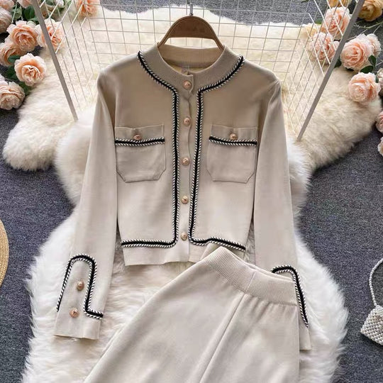 Damen elegantes Strick-Loungewear-Set mit feinen Knopfdetails und weitem Bein R&B
