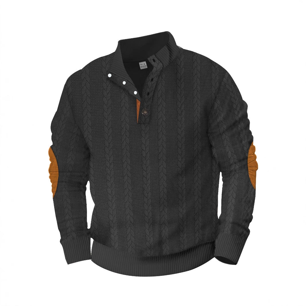 Herren nan lässiger Zopfstrickpullover mit verstärkter Knopfleiste und Wildleder-Ellenbogenpatches R&B