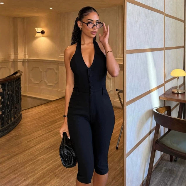 Damen figurbetonter Jumpsuit mit elegantem Halterneck und Knopfleiste R&B