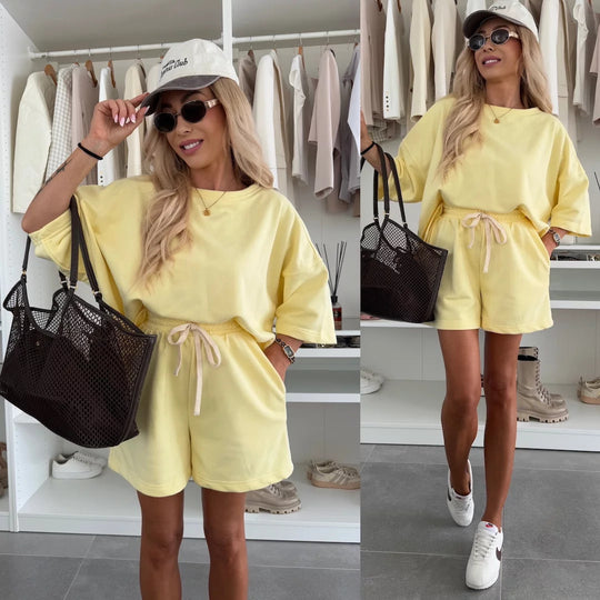 Damen lässiges Set aus Oversize-T-Shirt und Shorts mit verstellbarem Taillenzug R&B