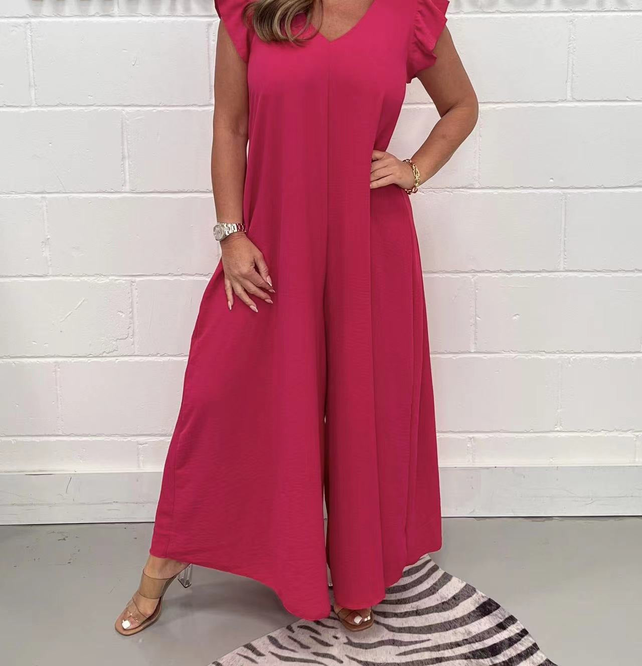 Damen luftiger Jumpsuit mit weit geschnittenem Bein und V-Ausschnitt R&B