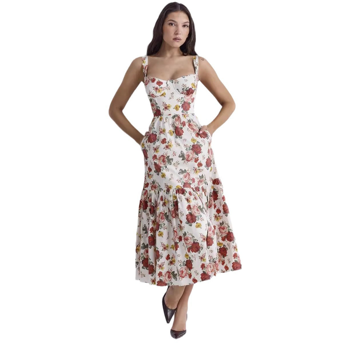 Damen Maxikleid mit floralem Print und voluminösem Rock R&B