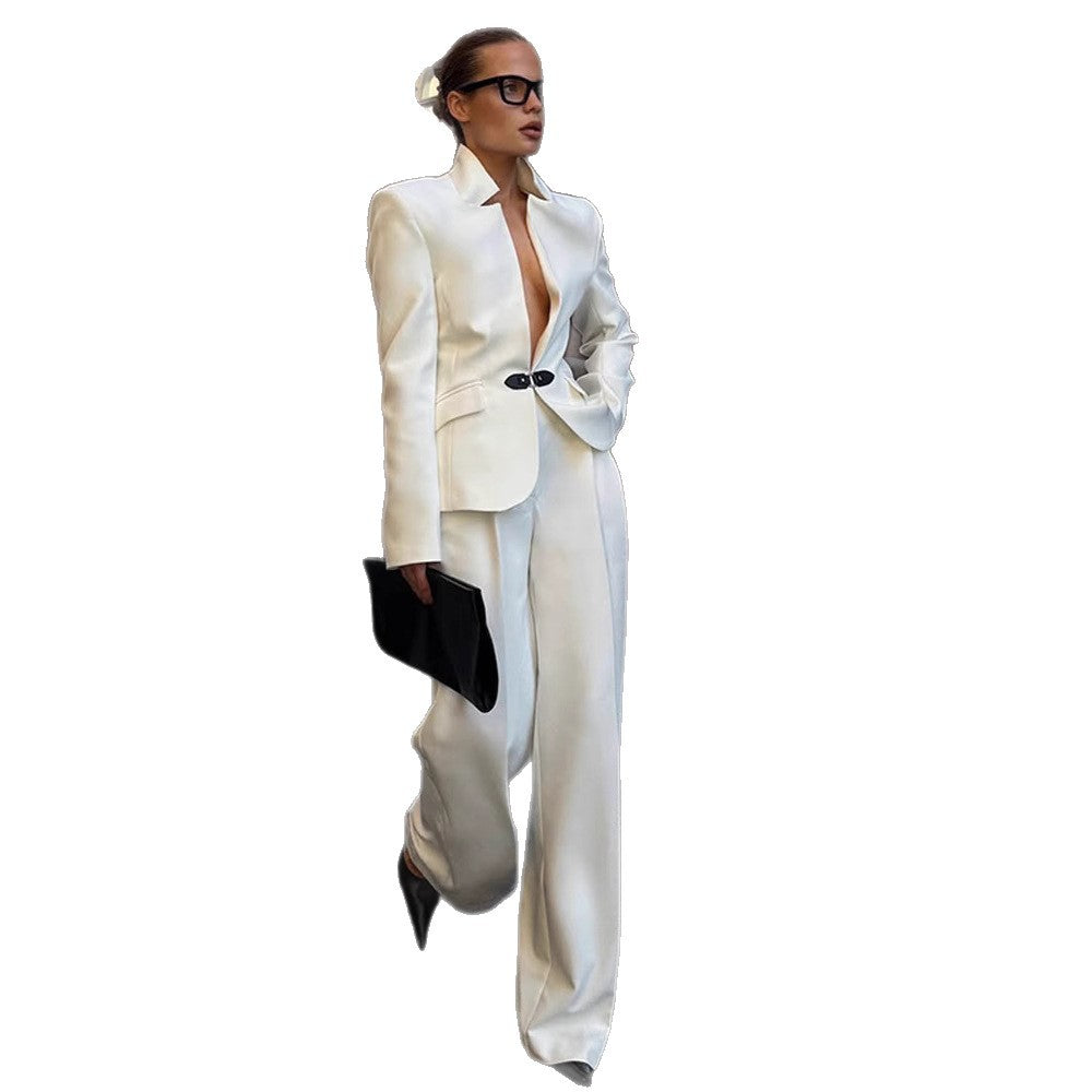 Damen elegantes Tailor-Anzug-Set mit minimalistischer Silhouette und tiefem Ausschnitt R&B