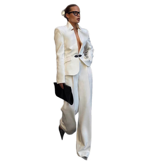 Damen elegantes Tailor-Anzug-Set mit minimalistischer Silhouette und tiefem Ausschnitt R&B