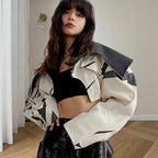 Damen Modische Cropped Jacke mit geometrischem Design und Kunstlederdetails R&B