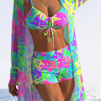 Damen Bikiniset mit floralem Design und schwingendem Kimono R&B