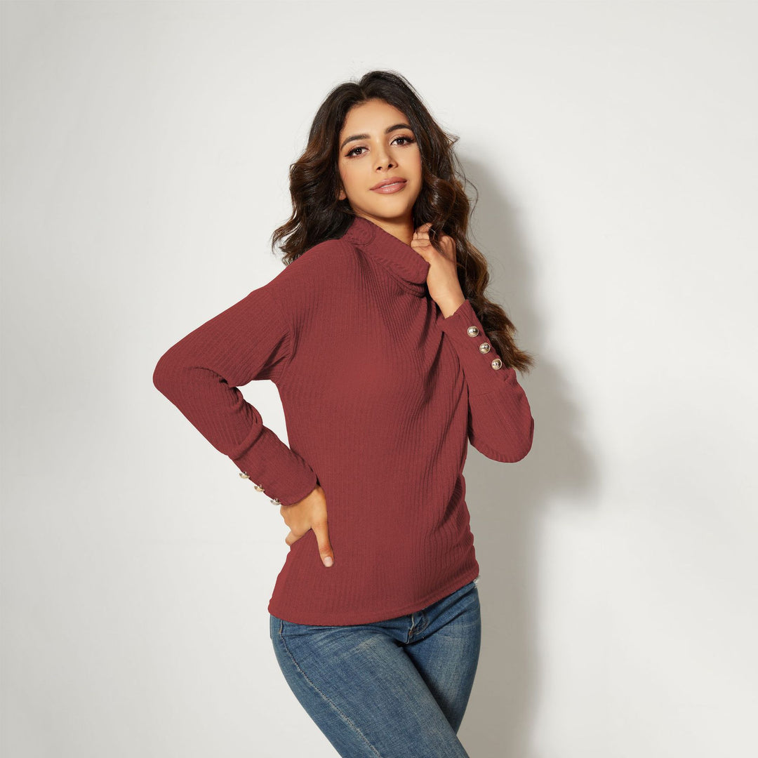 Damen Moderner Rollkragenpullover mit Knopfdetails R&B