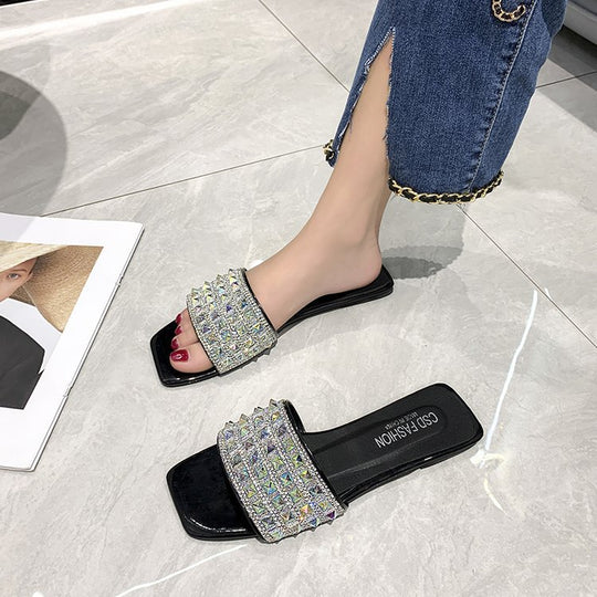 Damen elegante Riemchen-Pantoletten mit funkelndem Strass R&B