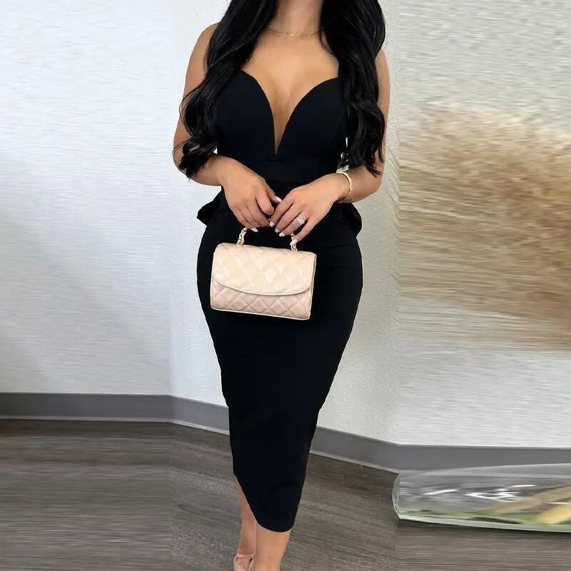 Damen figurbetontes Midikleid mit tiefem V-Ausschnitt und peplum Saum R&B
