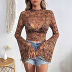 Damen nan transparentes Paisley-Netz-Kurzoberteil mit Stehkragen, Trompetenärmeln und gewelltem Saum R&B