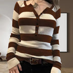 Damen Langarmshirt mit Knopfleiste und Streifenmuster R&B