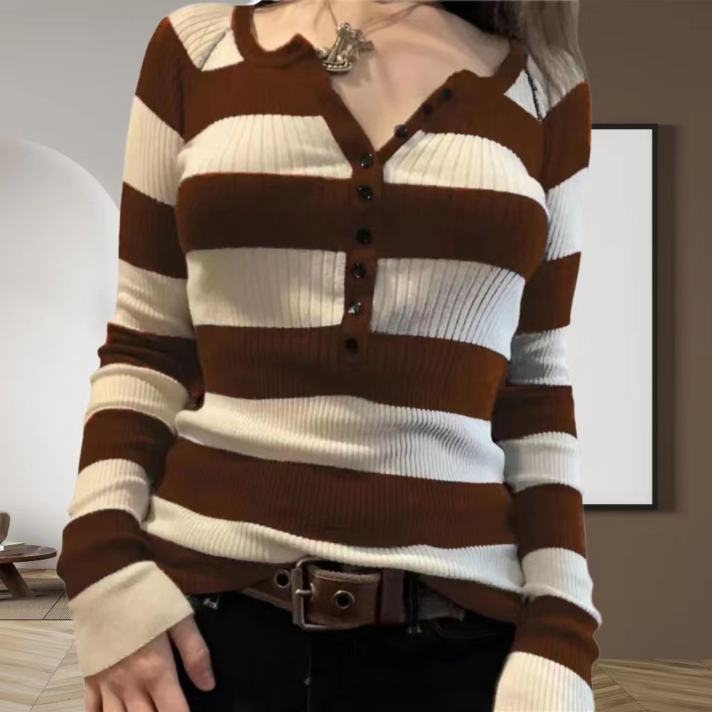 Damen Langarmshirt mit Knopfleiste und Streifenmuster R&B