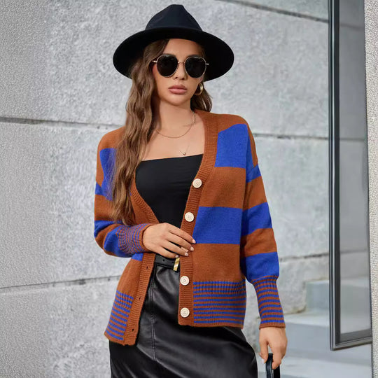 Damen Langarm-Strickjacke mit modernen Streifen und Knopfdetails R&B