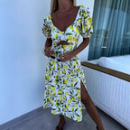 Damen Maxikleid mit fruchtigem Print und seitlichem Schlitz R&B