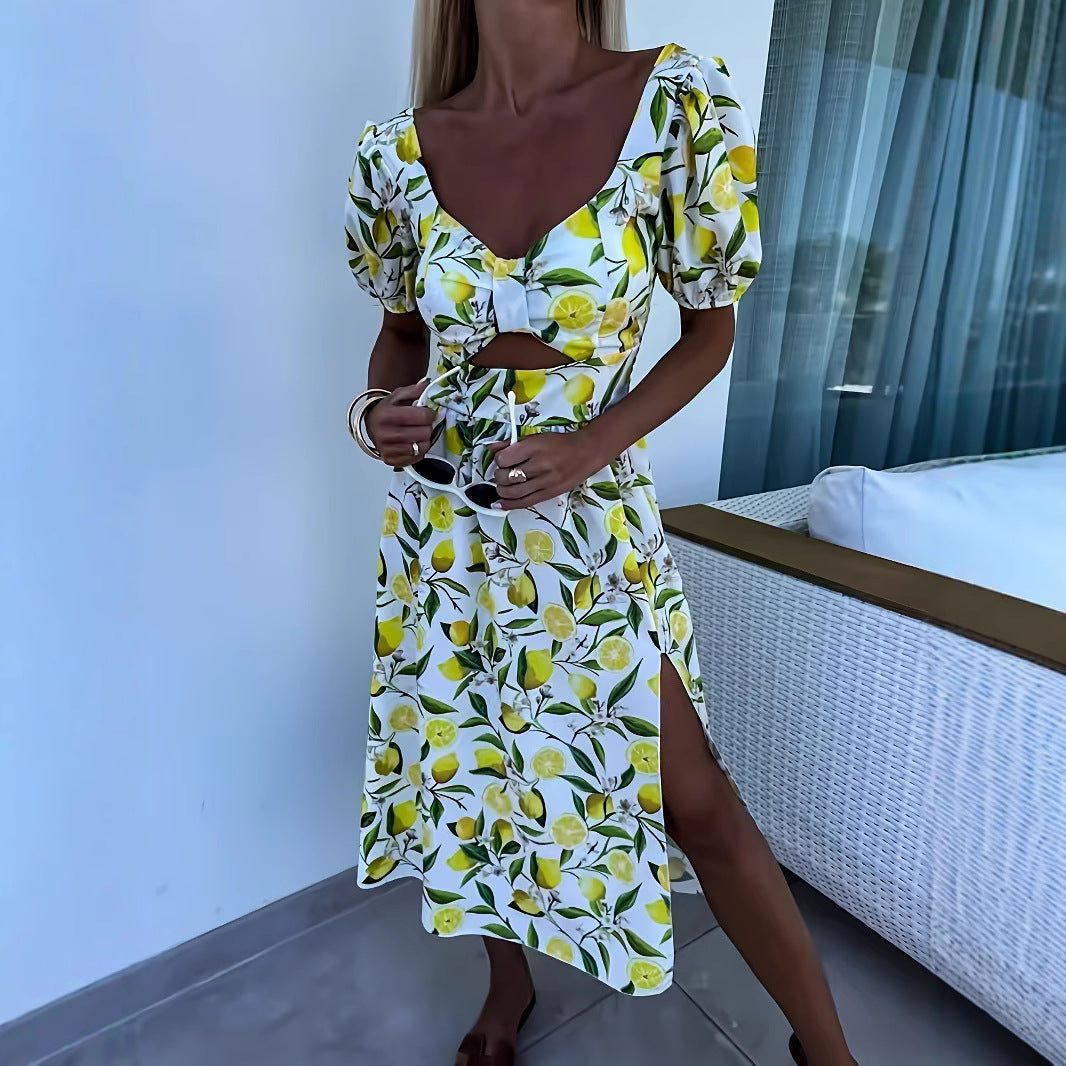 Damen Maxikleid mit fruchtigem Print und seitlichem Schlitz R&B