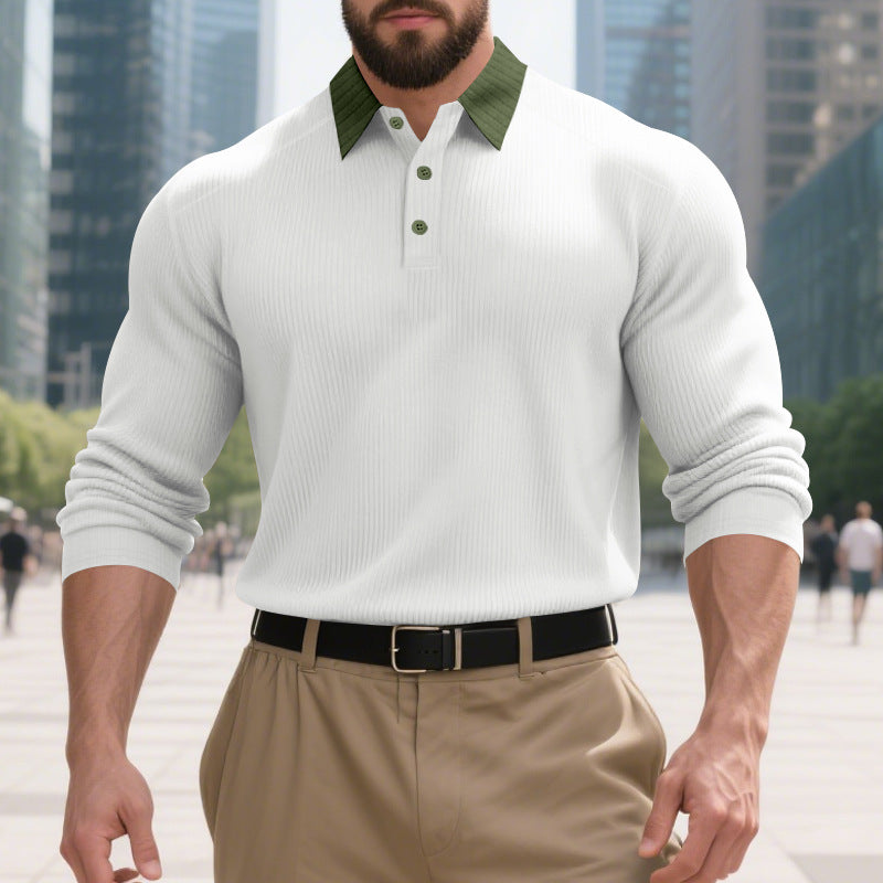 Herren langärmliges Polo-Hemd mit strukturierter Oberfläche und innovativem Kragen R&B