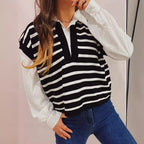Damen lässiger Polo-Pullover mit gestreiften Design und leichten Puffärmeln R&B