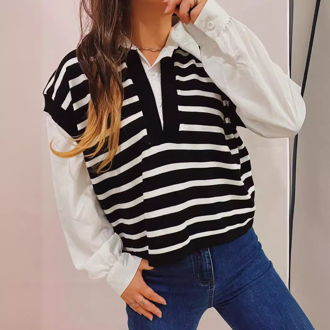 Damen lässiger Polo-Pullover mit gestreiften Design und leichten Puffärmeln R&B