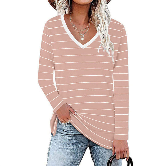 Damen V-Ausschnitt Langarmshirt mit Streifenmuster und seitlichen Schlitzen R&B