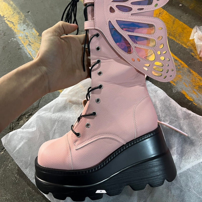 Damen Schnürstiefel mit modischem Schmetterlingsdesign und hohem Plateau R&B